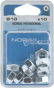 Ecrou héxagonal Acier zingué Ø10 Blister de 10