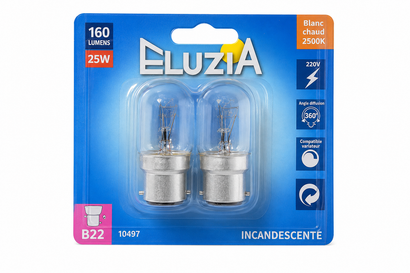Ampoule tube Incandescente - 28x65 - 25W B22 - Boite de 2