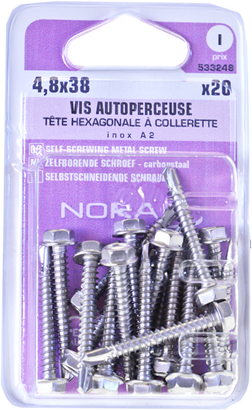 Vis autoperceuse Tête héxagonale Inox A2 4,8x38 Blister de 20