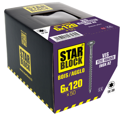 Vis STARBLOCK TX Tête fraisée Inox A2 6x120 Boite de 50