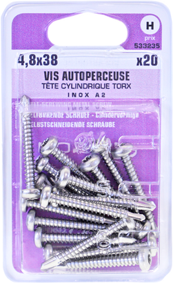 Vis autoperceuse TX Tête cylindrique Inox A2 4,8x38 Blister de 20