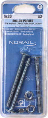 Boulon poelier Pozidriv Tête ronde large Acier zingué 8x80 Blister de 3