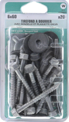 Tirefond à bourrer + rondelle feutre et plaquette Tête héxagonale10 mm à collerette Acier galvanisé à chaud 6x60 Blister de 20