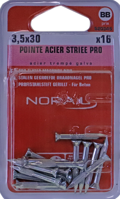 Pointe béton striée Acier trempé / zingué brillant 3,5x30 Blister de 16