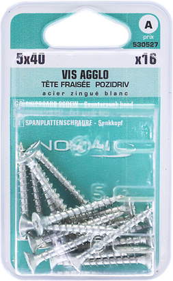 Vis agglo Pozidriv Tête fraisée Acier zingué blanc 5x40 Blister de 16