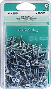 Vis agglo Pozidriv Tête fraisée Acier zingué blanc 4x25 Blister de 200