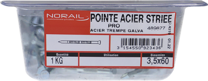 Pointe béton striée Acier trempé / zingué brillant 3,5x60 Barquette de 1kg