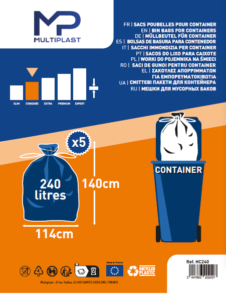 SAC POUBELLE CONTAINER X5 STANDARD 240L - 114X140CM 35 MICRONS