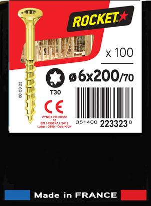Vis ROCKET TX Tête fraisée Acier bichromaté 6x200/70 Boite de 100