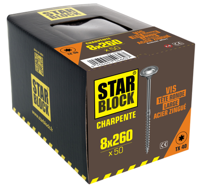 Vis charpente STARBLOCK TX Tête ronde large Acier zingué blanc 8x260 Boite de 50