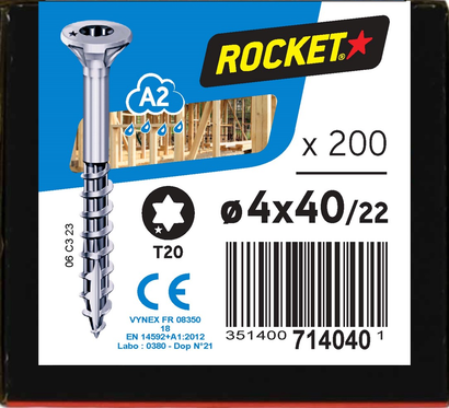 Vis ROCKET TX Tête fraisée Inox A2 4x40/22 Boite de 200