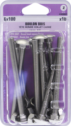 Boulon bois Japy Tête ronde collet carré Inox A2 8x100 Blister de 10