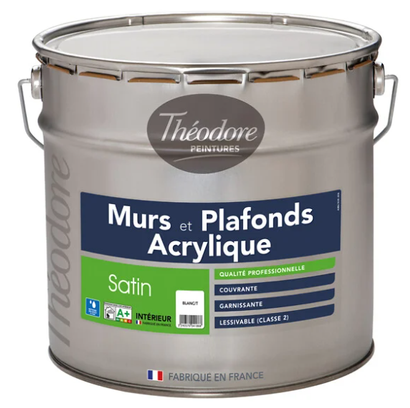 Peinture acrylique satin pour murs et plafonds blanc 10L