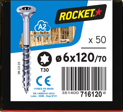 Vis ROCKET TX Tête fraisée Inox A2 6x120/70 Boite de 50