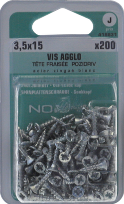 Vis agglo Pozidriv Tête fraisée Acier zingué blanc 3,5x15 Blister de 200