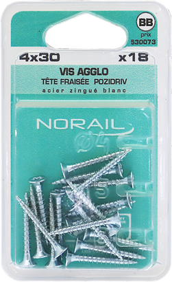 Vis agglo Pozidriv Tête fraisée Acier zingué blanc 4x30 Blister de 18