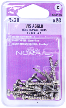 Vis agglo TX Tête ronde Inox A2 4x30 Blister de 20