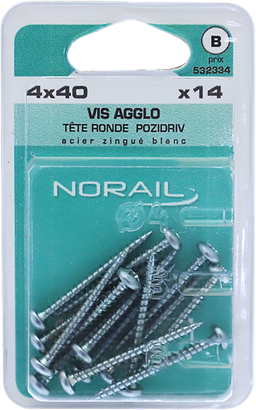 Vis agglo Pozidriv Tête ronde Acier zingué blanc 4x40 Blister de 14