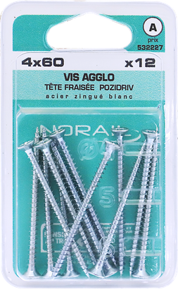 Vis agglo Pozidriv Tête fraisée Acier zingué blanc 4x60 Blister de 12