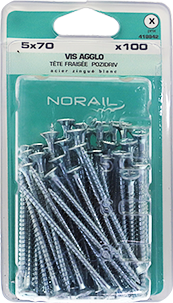 Vis agglo Pozidriv Tête fraisée Acier zingué blanc 5x70 Blister de 100