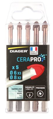 Coffret 5 forets Cerapro attachement 6 pans Ø6(x3)-8(x2) mm