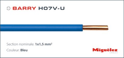 Câble électrique BARRY  H07V-U - 1x1,5MM² - Couronne L.100M - Bleu