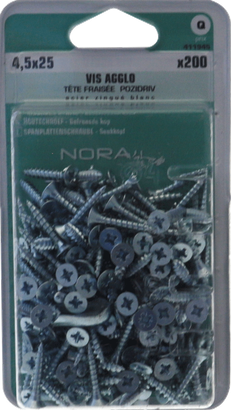 Vis agglo Pozidriv Tête fraisée Acier zingué blanc 4,5x25 Blister de 200