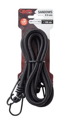 Cavalier de 2 sandows Lg : 1m Ø 8mm NOIR crochets métal, sur cartonette cavalier