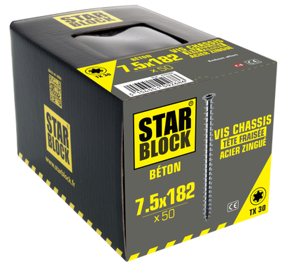 Vis chassis STARBLOCK TX Tête fraisée crantée Acier zingué blanc 7,5x182 Boite de 50