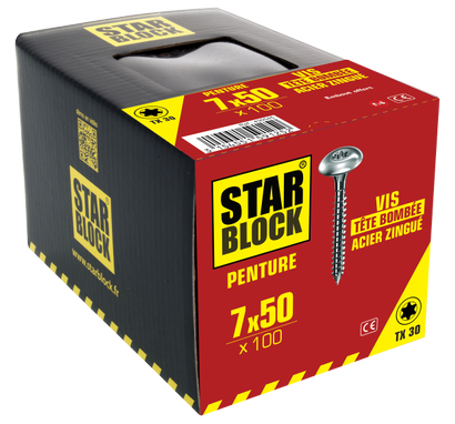 Vis penture STARBLOCK TX Tête large bombée Acier zingué blanc 7x50 Boite de 100