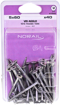Vis agglo TX Tête fraisée Inox A2 5x60 Blister de 40