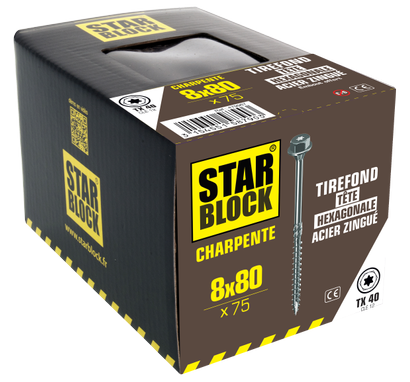 Tirefond STARBLOCK TX Tête héxagonale Acier zingué blanc 8x80 Boite de 75