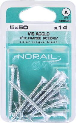 Vis agglo Pozidriv Tête fraisée Acier zingué blanc 5x50 Blister de 14