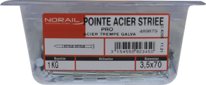 Pointe béton striée Acier trempé / zingué brillant 3,5x70 Barquette de 1kg