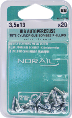 Vis autoperceuse PHILLIPS N°2 Tête cylindrique bombée Acier zingué 3,5x13 Blister de 20