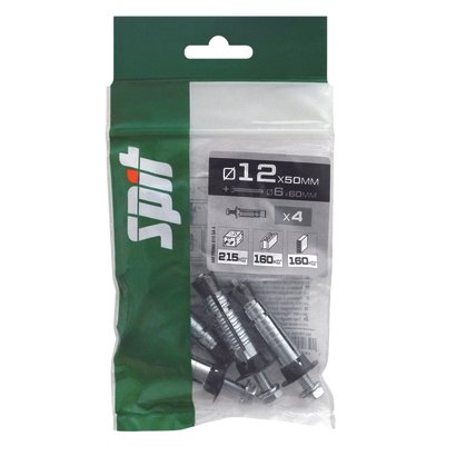 Cheville acier monobloc PRIMA SPIT avec vis TH Ø6x60MM  Ø12x50MM - Sachet de 4 pièces
