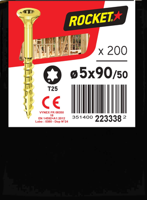 Vis ROCKET TX Tête fraisée Acier bichromaté 5x90/50 Boite de 200