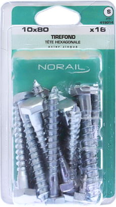 Tirefond Tête héxagonale Acier zingué 10x80 Blister de 16
