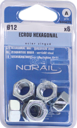 Ecrou héxagonal Acier zingué Ø12 Blister de 6