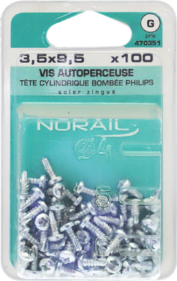 Vis autoperceuse PHILLIPS N°2 Tête cylindrique bombée Acier zingué 3,5x9,5 Blister de 100