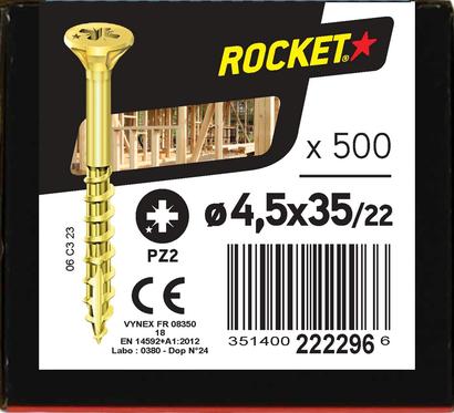 Vis ROCKET TX Tête fraisée Acier bichromaté 4x20 Boite de 500