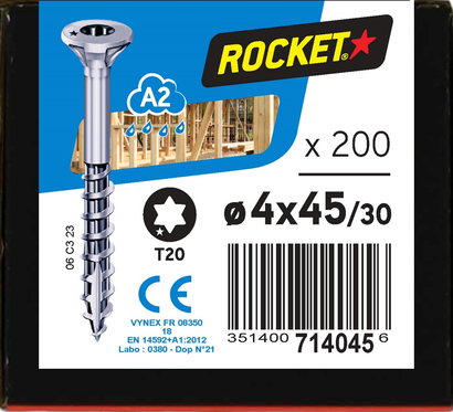 Vis ROCKET TX Tête fraisée Inox A2 4x45/30 Boite de 200