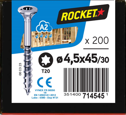 Vis ROCKET TX Tête fraisée Inox A2 4,5x45/30 Boite de 200
