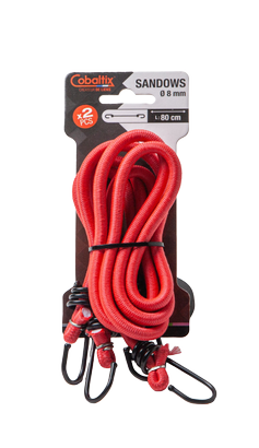 Cavalier de 2 sandows Lg : 0.80m Ø8mm ROUGE crochets métal, sur cartonette cavalier