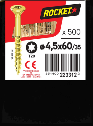 Vis ROCKET TX Tête fraisée Acier bichromaté 4,5x60/35 Boite de 500