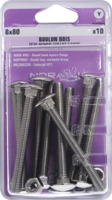 Boulon bois Japy Tête ronde collet carré Inox A2 8x80 Blister de 10