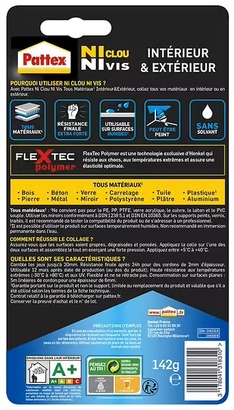 Colle fixation Ni Clou Ni Vis résiste à l'eau Tube 142g - Pattex