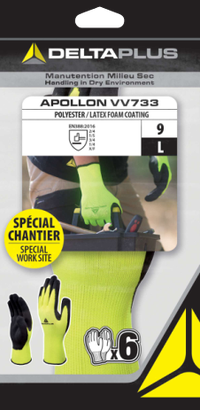 Gant de protection APOLLON VV733G6  – Jaune fluo/noir - Sachet de 6 - T.9 - Delta Plus